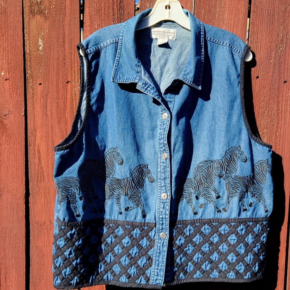 VTG Dress Barn Denim Zebra Embroidered Vest Blue 2X Plus Cotton Safari